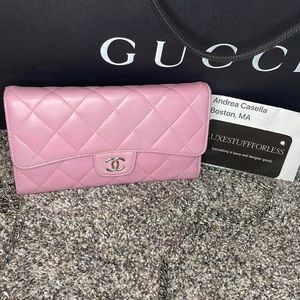 Authentic CHANEL pink custom diamond quilted pink leather wallet